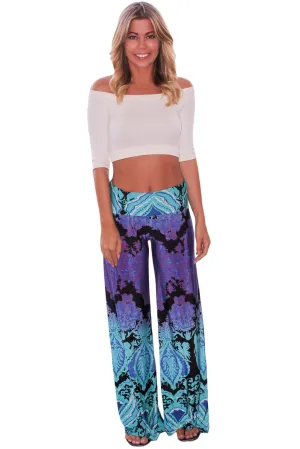 Aqua and Purple Printed Palazzo Pants