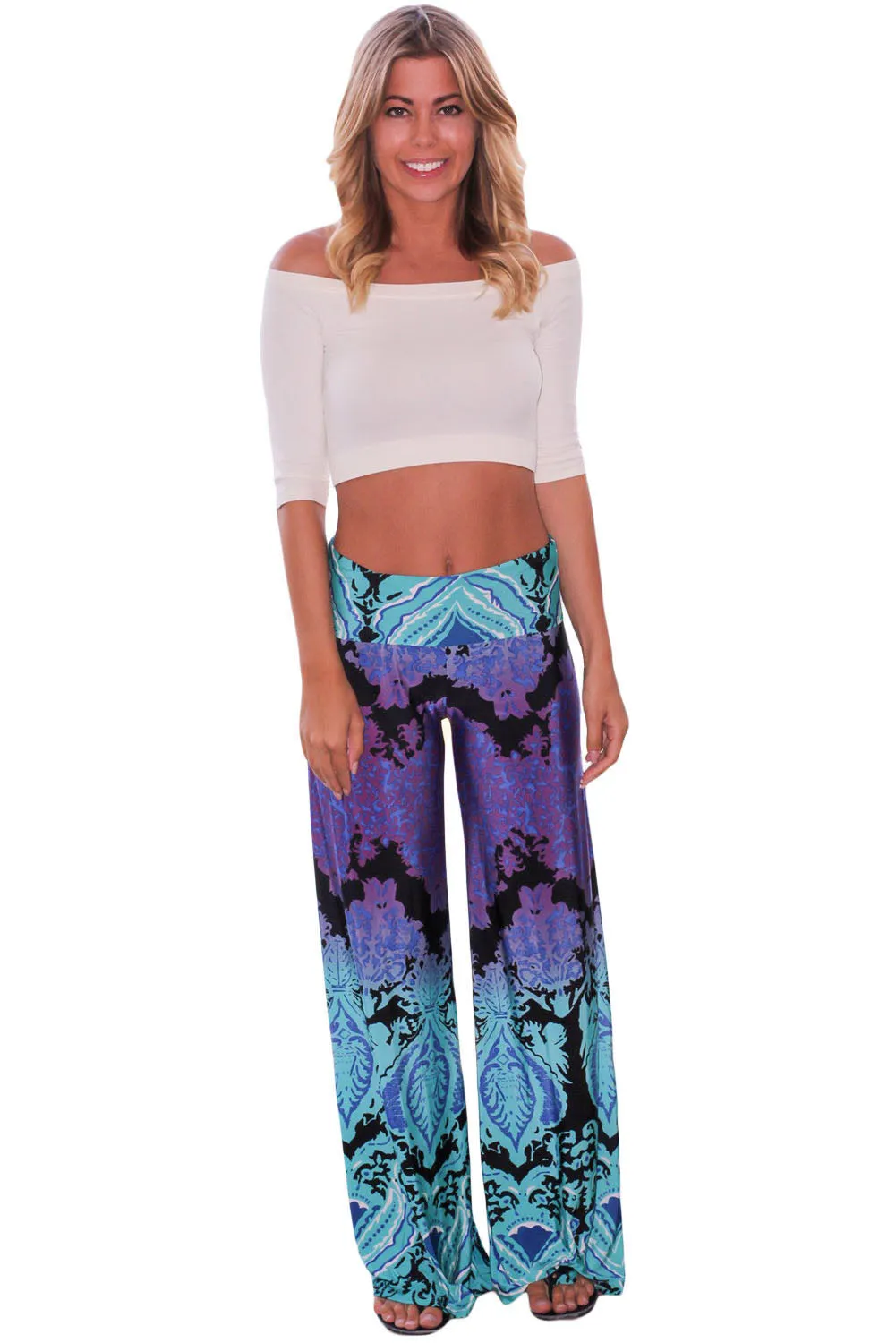 Aqua and Purple Printed Palazzo Pants