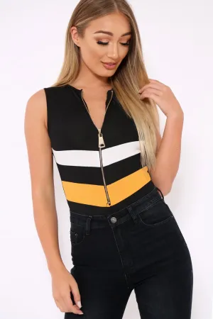 Black Mustard and White Chevron Zip Front Bodysuit - Elliani