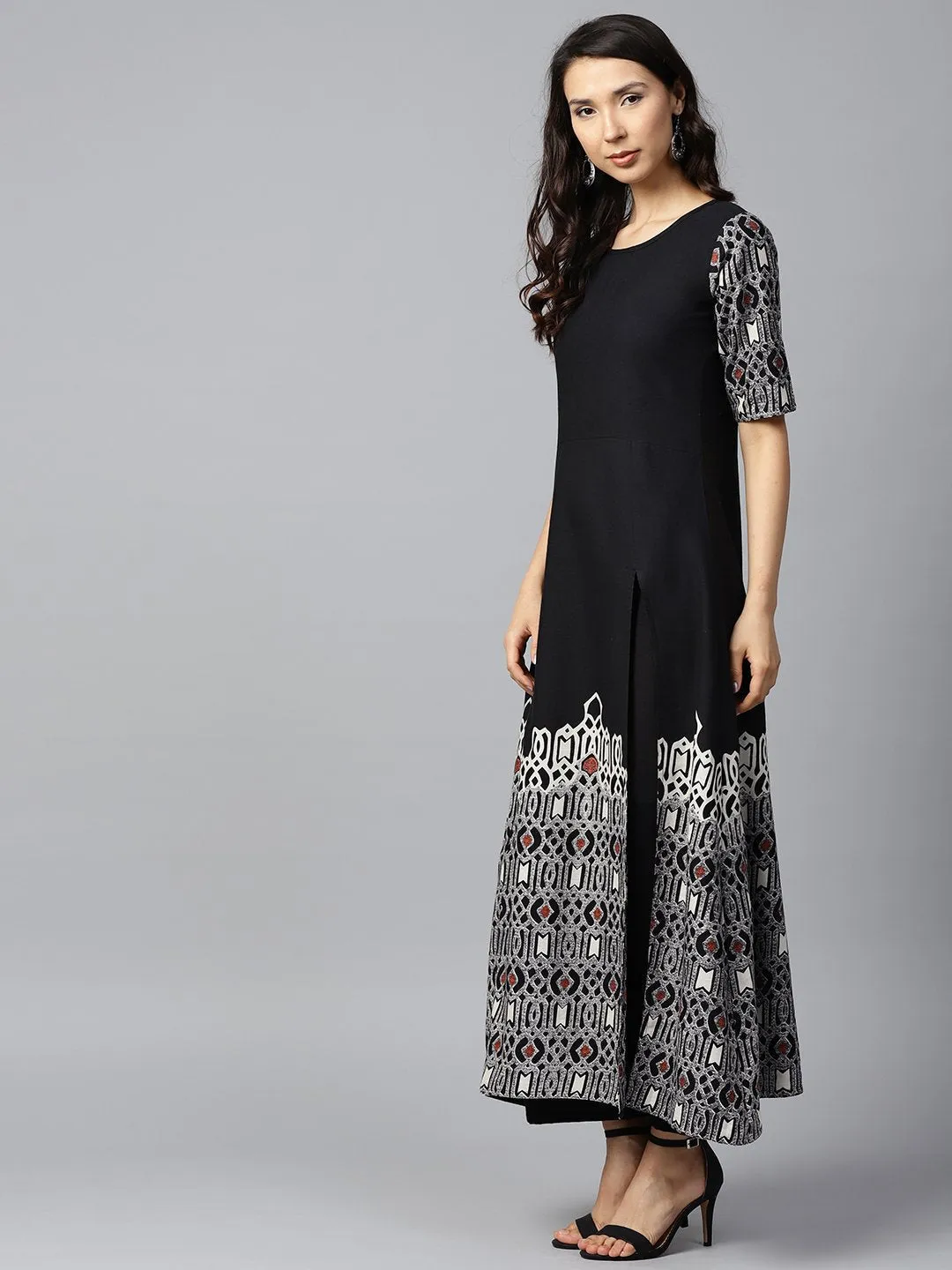 Black Printed Half Sleeve Cotton A-Line Kurta With White Printed Palazzo