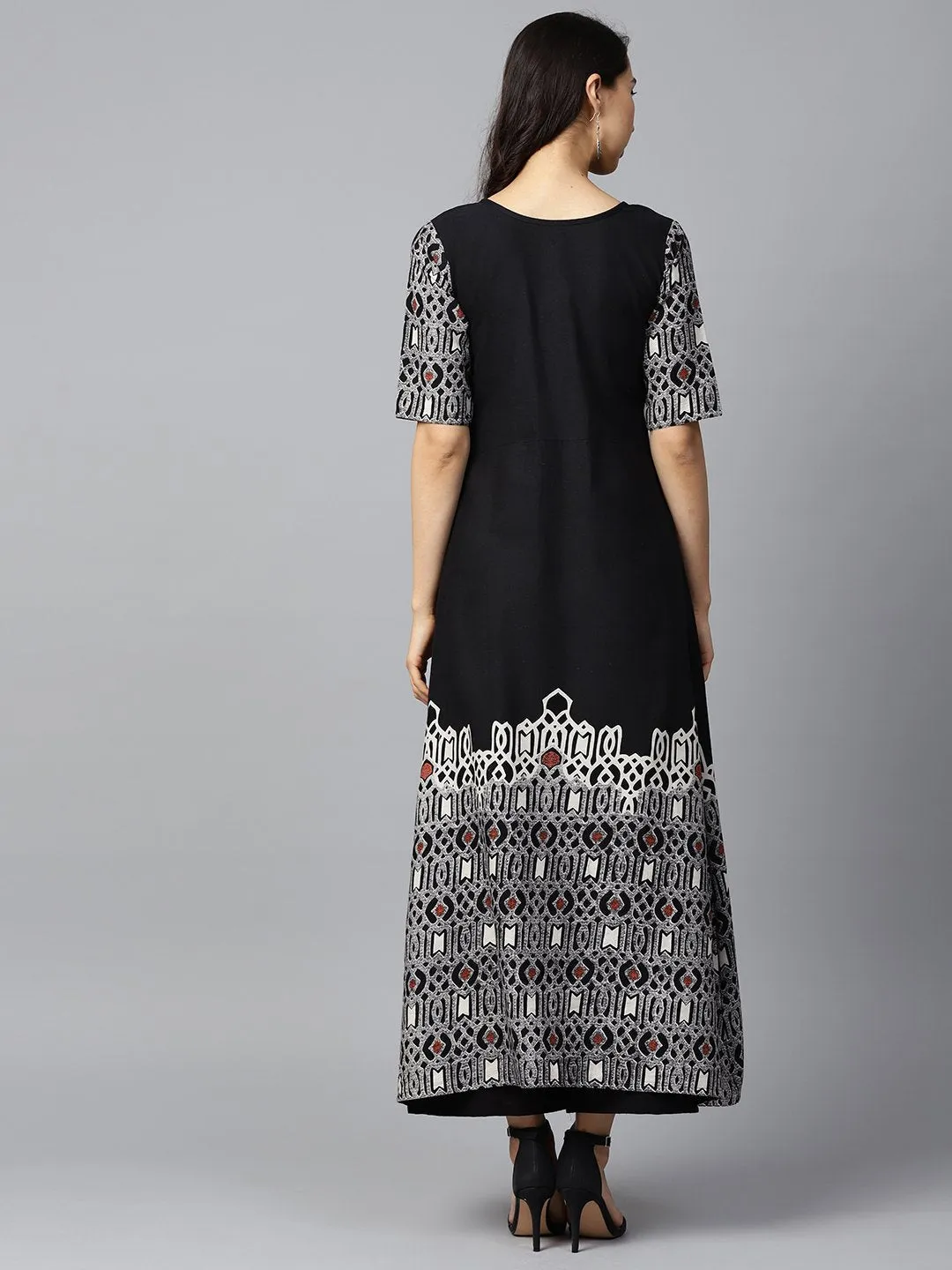 Black Printed Half Sleeve Cotton A-Line Kurta With White Printed Palazzo