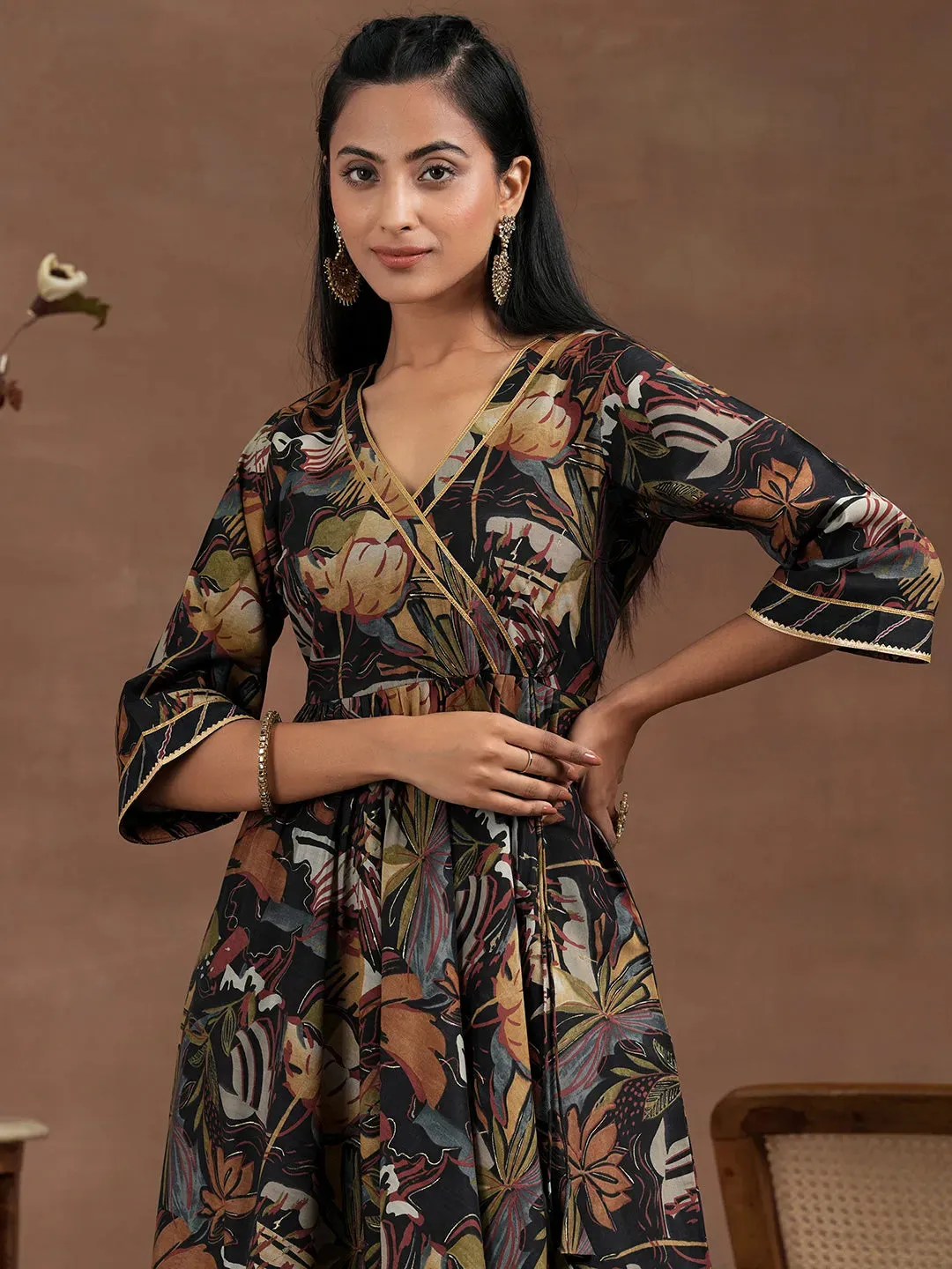 Black Printed Silk Blend Anarkali Suit With Dupatta