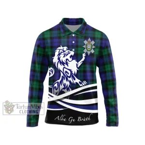 Black Watch Modern Tartan Long Sleeve Polo Shirt with Alba Gu Brath Regal Lion Emblem