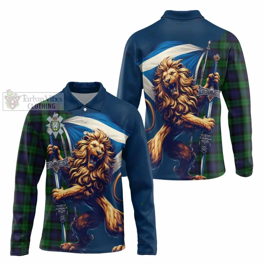 Black Watch Tartan Family Crest Long Sleeve Polo Shirt with Scottish Majestic Lion