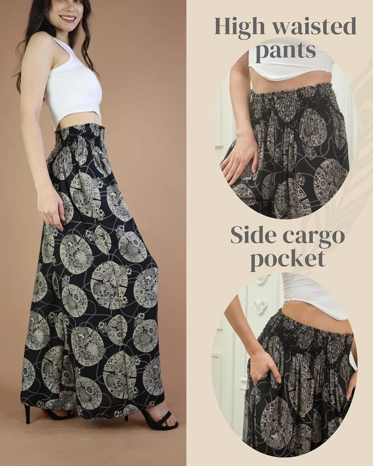 Boho Pants Palazzo Pants for Women with Pockets| Wide Leg high Waisted Flowy Pants for Women | Summer, Cruise, Vacation