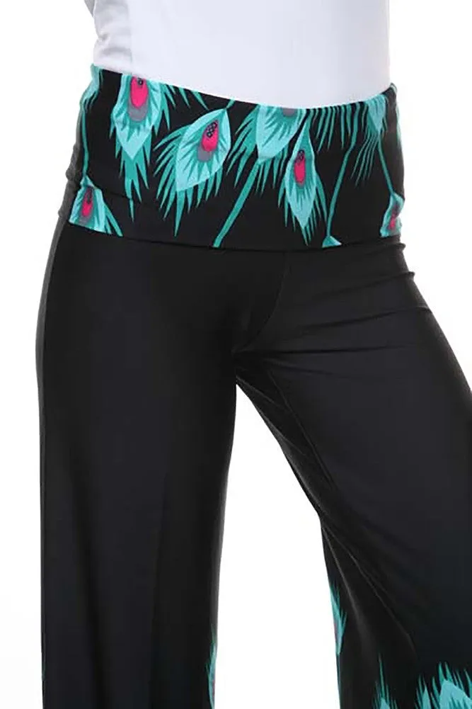 Bold Peacock Feathers Wide Legged Boho Womens Palazzo Pants