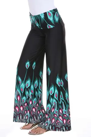 Bold Peacock Feathers Wide Legged Boho Womens Palazzo Pants