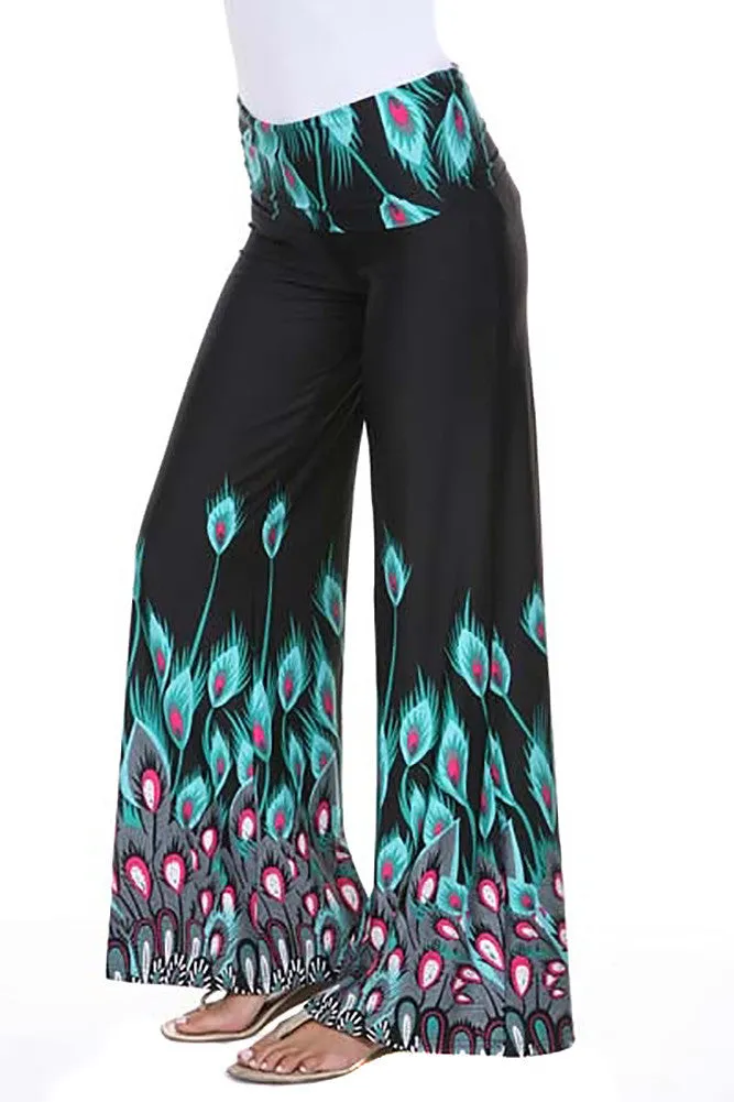 Bold Peacock Feathers Wide Legged Boho Womens Palazzo Pants