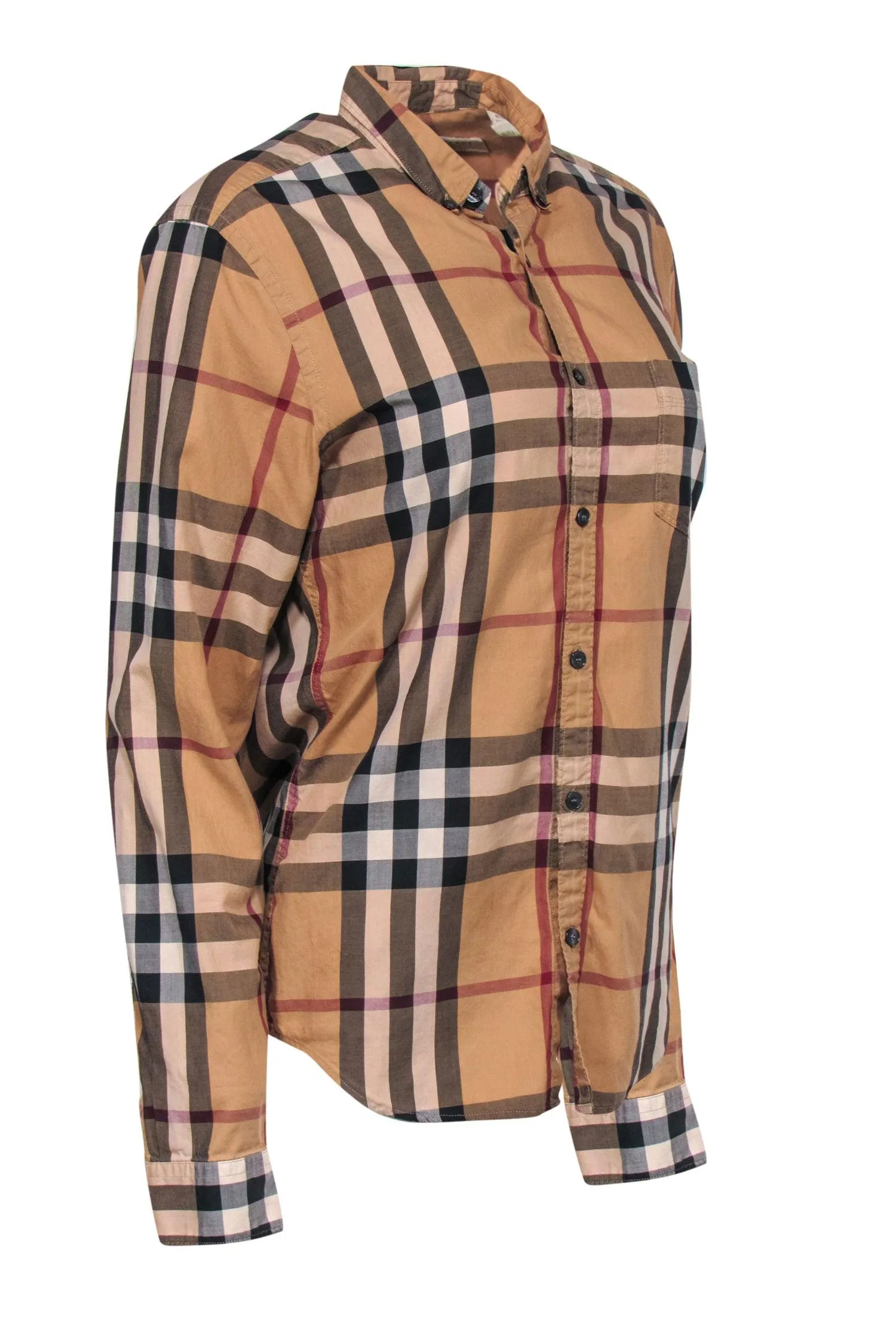 Burberry Brit - Tan, Maroon & Black Tartan Print Button-Up Blouse Sz S