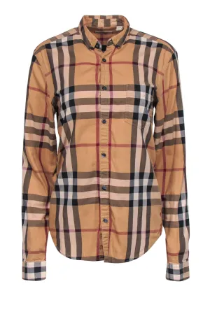 Burberry Brit - Tan, Maroon & Black Tartan Print Button-Up Blouse Sz S