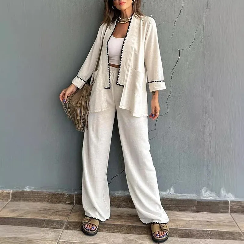 Comfortable and Soft two-piece set - Cardigan Top and Wide-leg Trousers