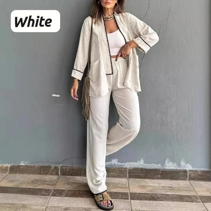 Comfortable and Soft two-piece set - Cardigan Top and Wide-leg Trousers