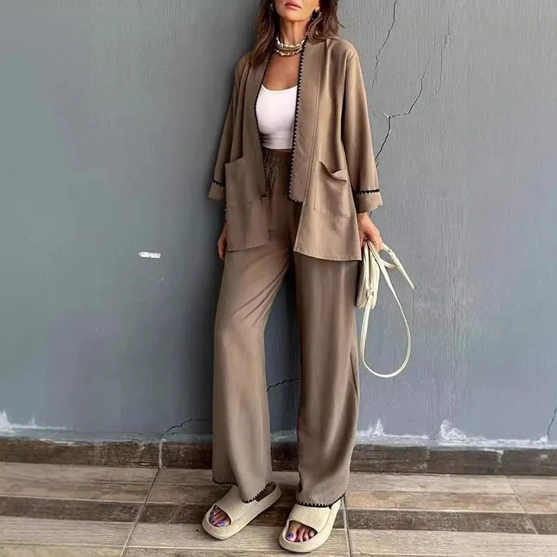 Comfortable and Soft two-piece set - Cardigan Top and Wide-leg Trousers