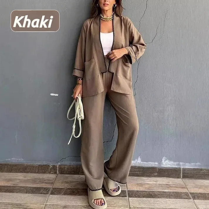 Comfortable and Soft two-piece set - Cardigan Top and Wide-leg Trousers