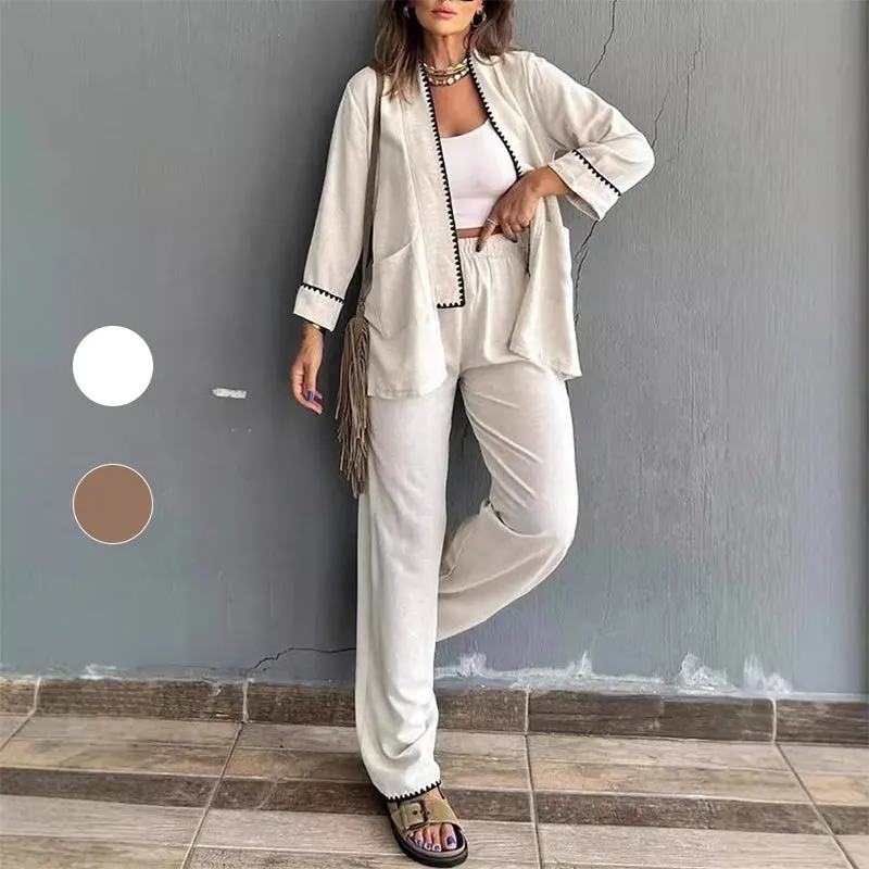Comfortable and Soft two-piece set - Cardigan Top and Wide-leg Trousers