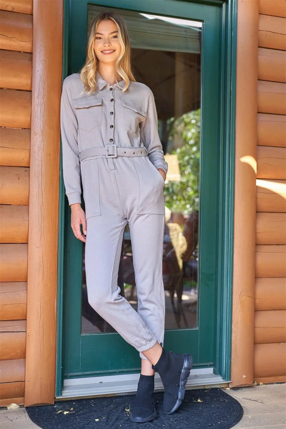 Decorator Light Grey Button-Down Long Sleeve Belted Utility Jumpsuit /3-2-1