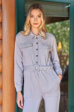 Decorator Light Grey Button-Down Long Sleeve Belted Utility Jumpsuit /3-2-1