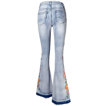 Flared Denim Stretch Jeans with Heavily Embroidered Flowers
