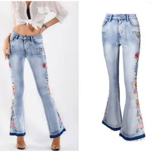 Flared Denim Stretch Jeans with Heavily Embroidered Flowers