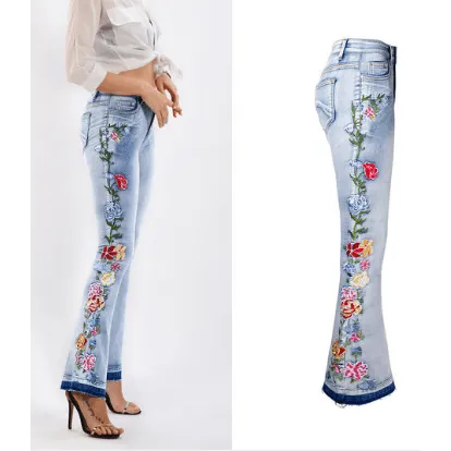Flared Denim Stretch Jeans with Heavily Embroidered Flowers