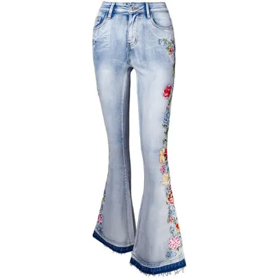Flared Denim Stretch Jeans with Heavily Embroidered Flowers