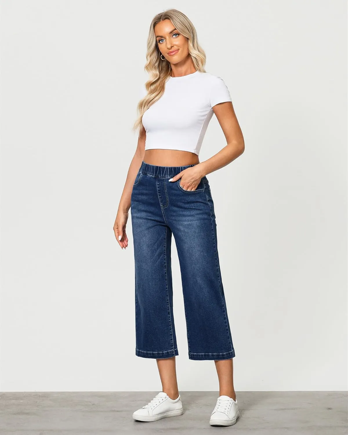 GRAPENT Capri Jeans for Women Wide Leg High Waisted Effortless Flow Pull On Stretchy Denim Elastic Waist Pants with Pockets