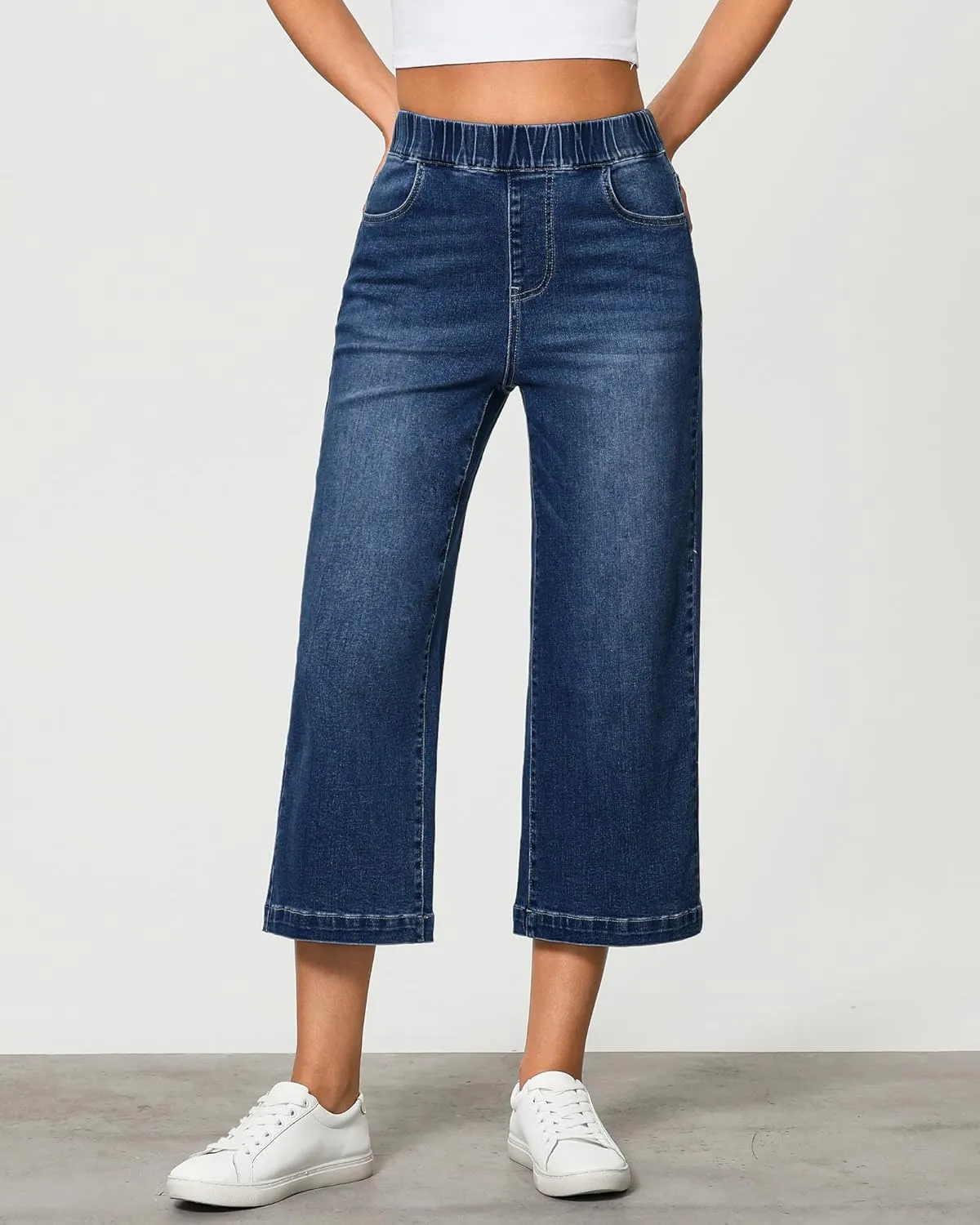 GRAPENT Capri Jeans for Women Wide Leg High Waisted Effortless Flow Pull On Stretchy Denim Elastic Waist Pants with Pockets