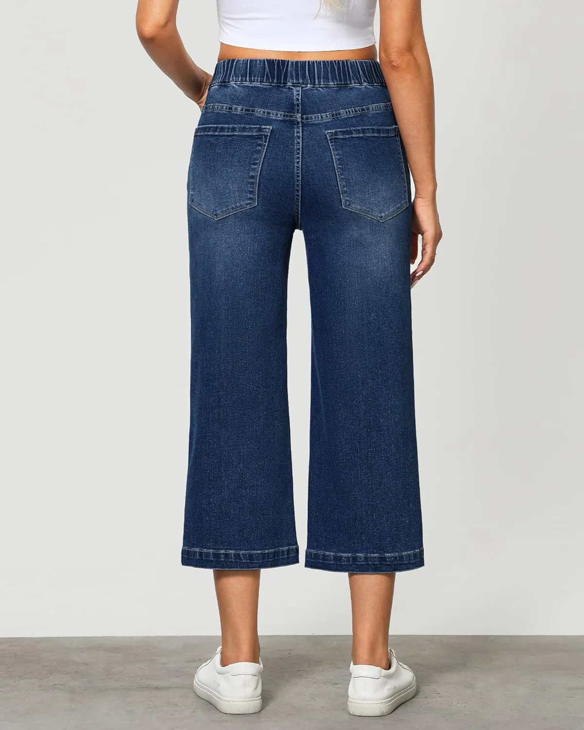 GRAPENT Capri Jeans for Women Wide Leg High Waisted Effortless Flow Pull On Stretchy Denim Elastic Waist Pants with Pockets