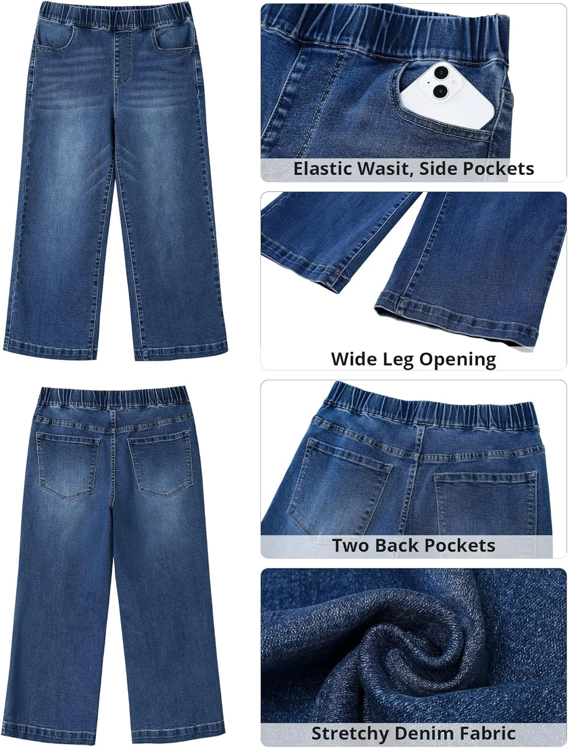 GRAPENT Capri Jeans for Women Wide Leg High Waisted Effortless Flow Pull On Stretchy Denim Elastic Waist Pants with Pockets