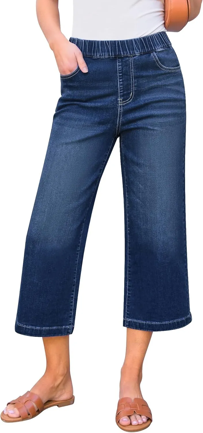 GRAPENT Capri Jeans for Women Wide Leg High Waisted Effortless Flow Pull On Stretchy Denim Elastic Waist Pants with Pockets