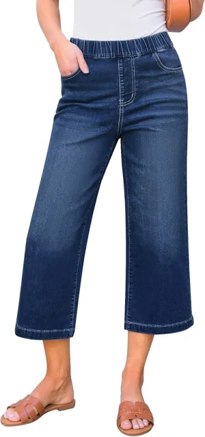 GRAPENT Capri Jeans for Women Wide Leg High Waisted Effortless Flow Pull On Stretchy Denim Elastic Waist Pants with Pockets