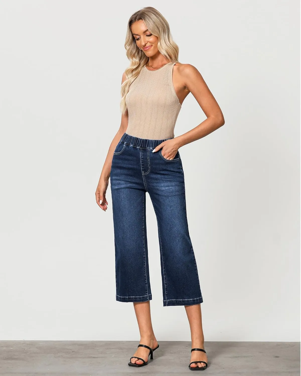 GRAPENT Capri Jeans for Women Wide Leg High Waisted Effortless Flow Pull On Stretchy Denim Elastic Waist Pants with Pockets