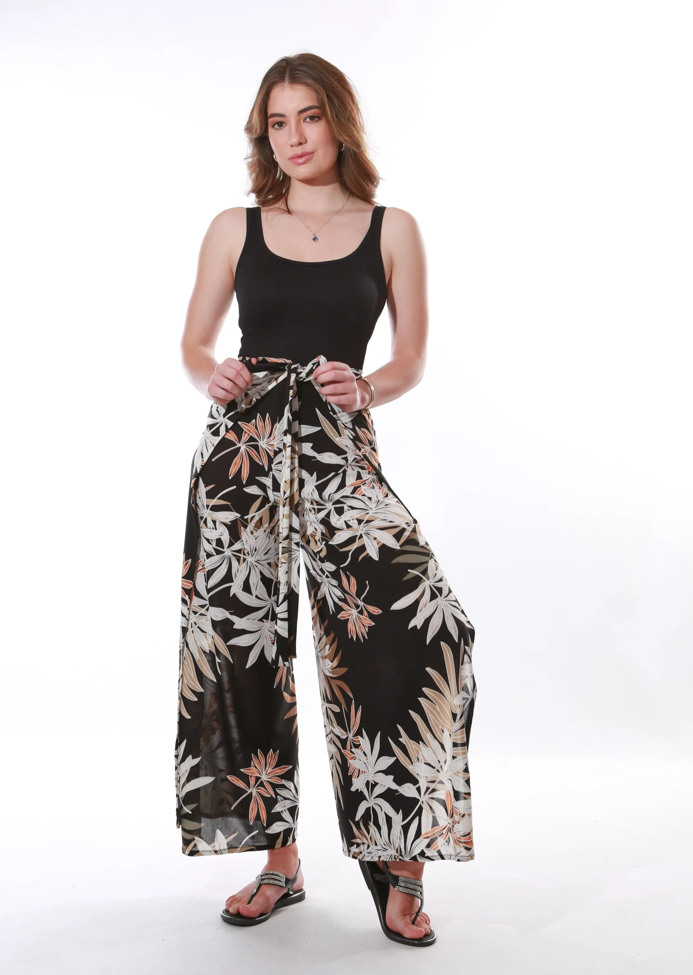 Happy Wrap leaf print Pants/Jumpsuit - Black