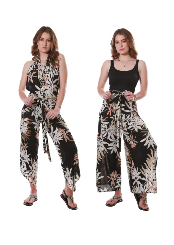 Happy Wrap leaf print Pants/Jumpsuit - Black
