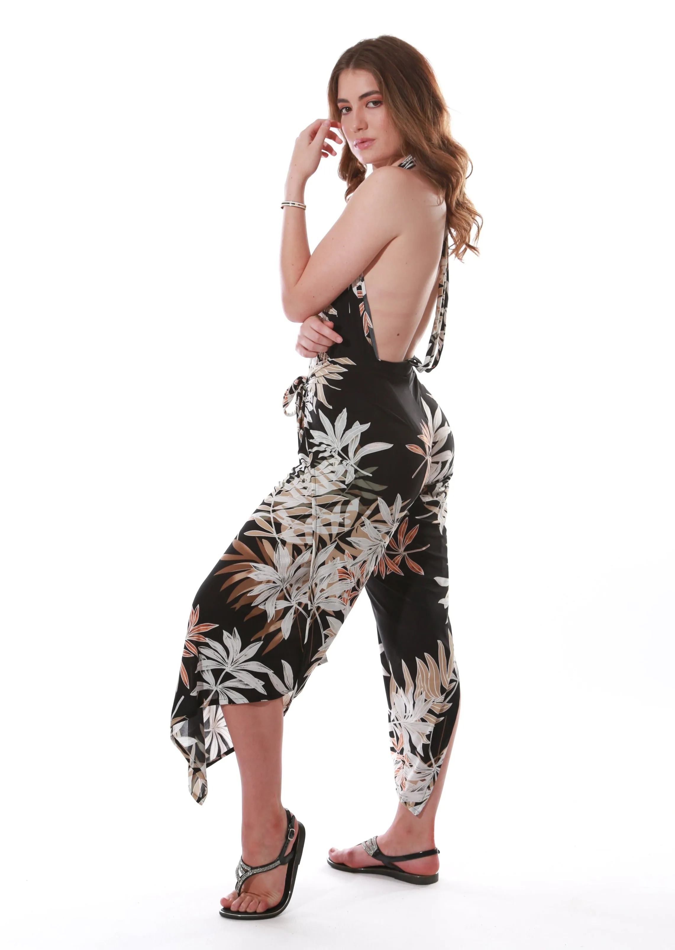 Happy Wrap leaf print Pants/Jumpsuit - Black