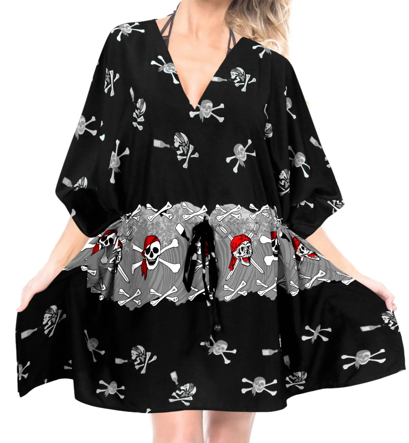LA LEELA Bikni Swimwear Women's Skull Halloween Costume Beach Swimsuit Cover Ups Drawstring Black_R201