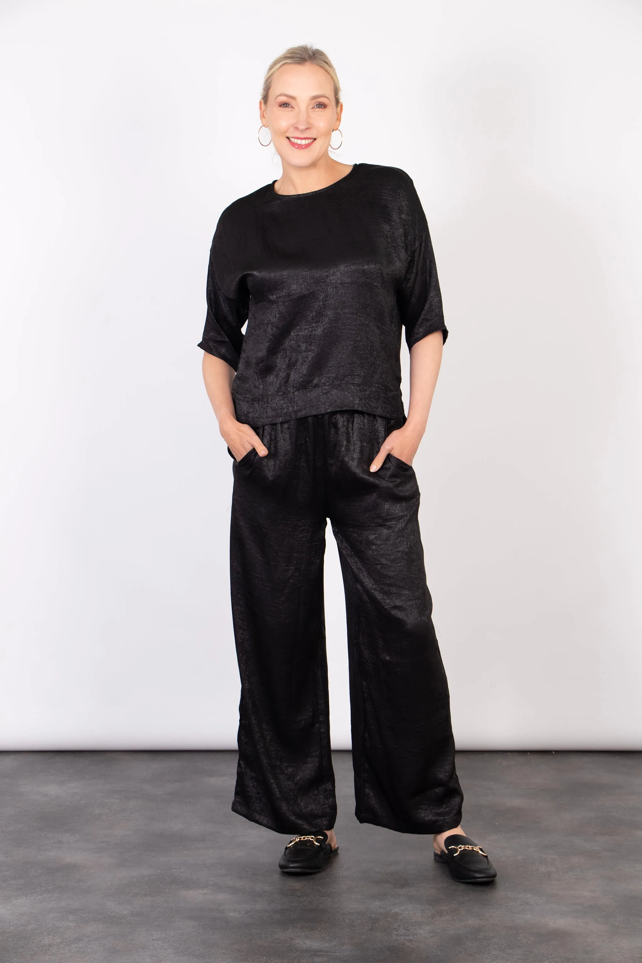 Lena Wide Leg Trouser - Black, Metallic
