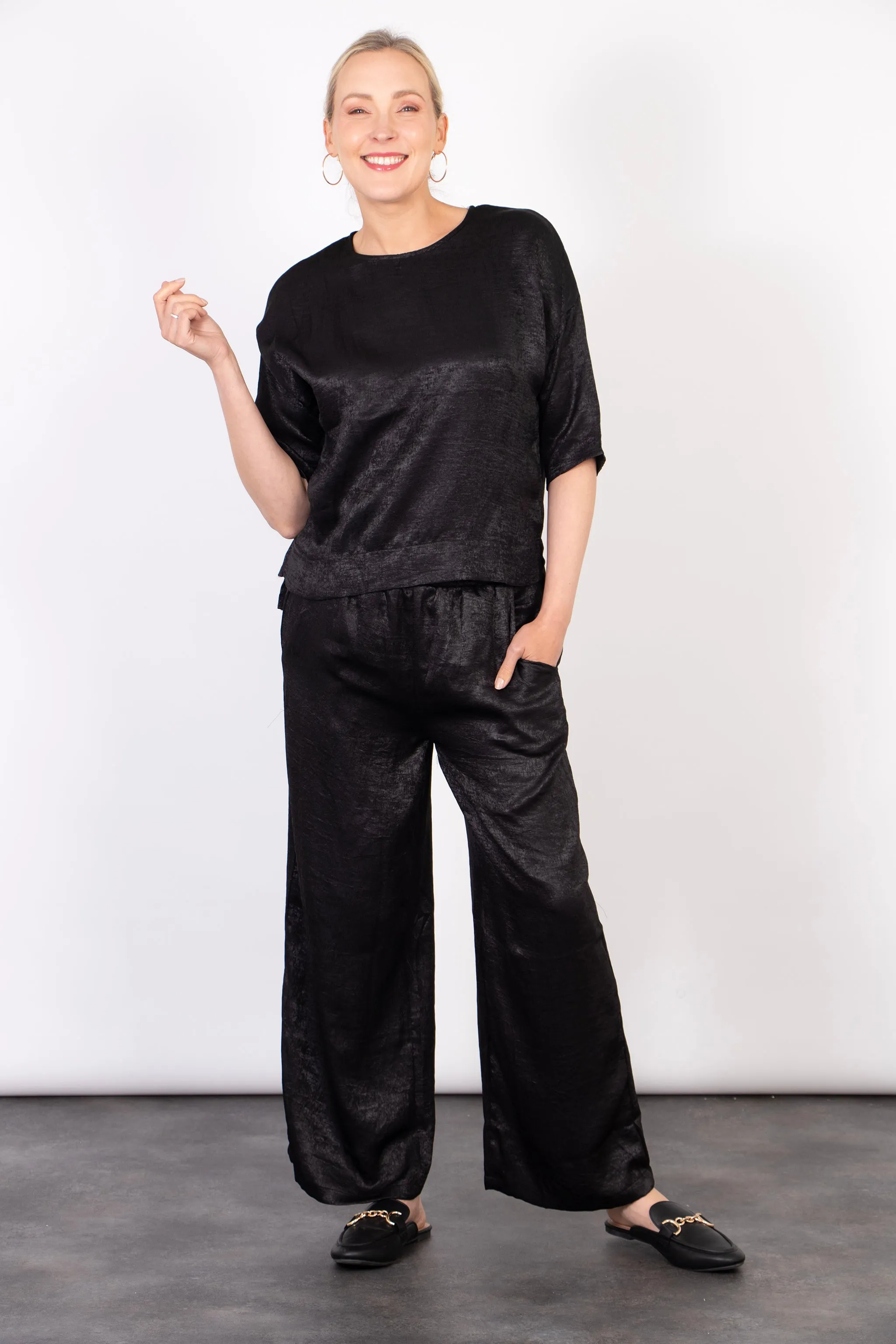 Lena Wide Leg Trouser - Black, Metallic