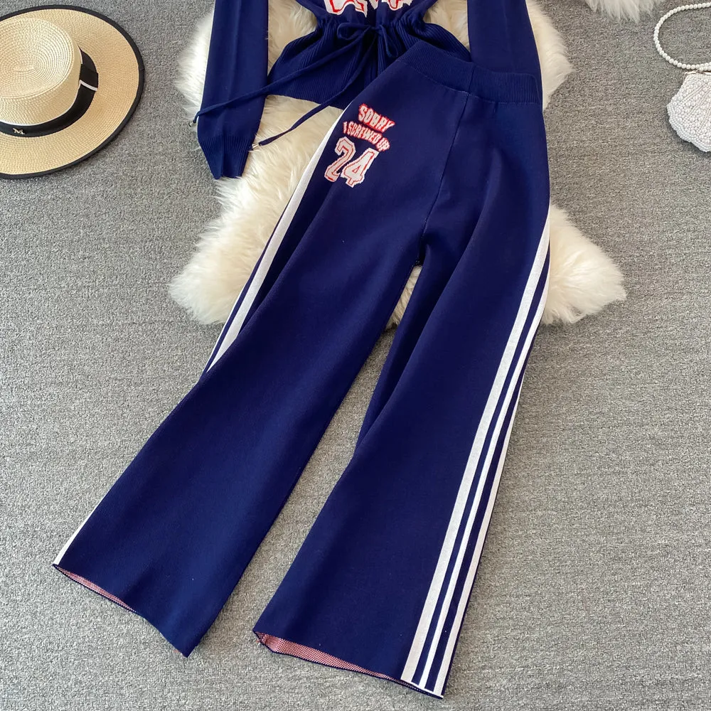 Letter Knit Top & High Waist Slacks Two-piece Set