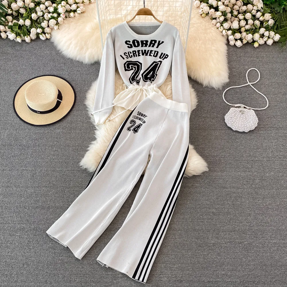 Letter Knit Top & High Waist Slacks Two-piece Set