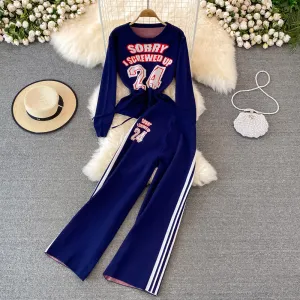 Letter Knit Top & High Waist Slacks Two-piece Set