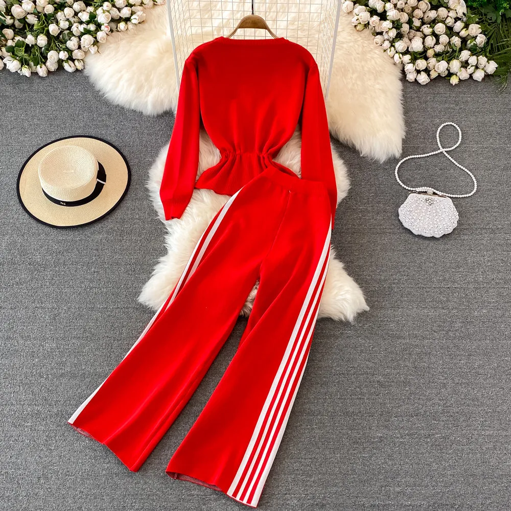 Letter Knit Top & High Waist Slacks Two-piece Set