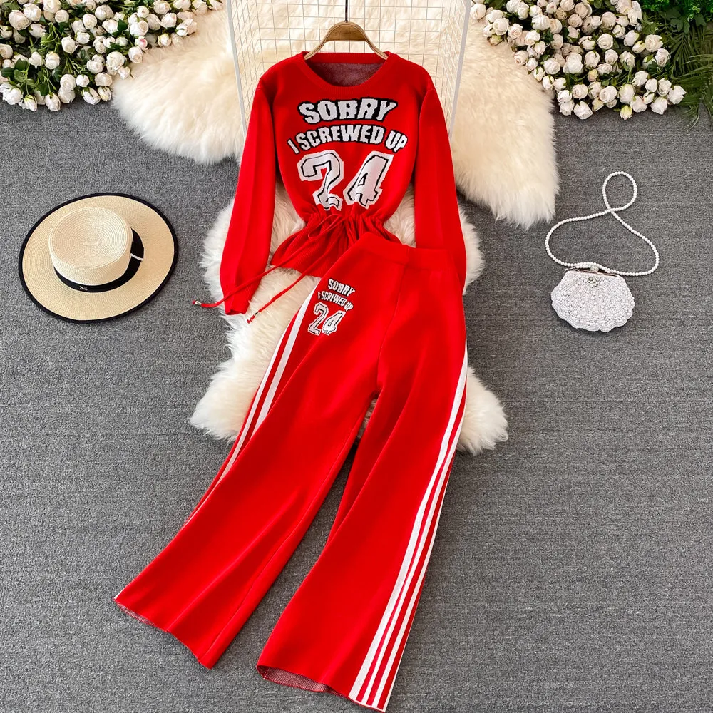 Letter Knit Top & High Waist Slacks Two-piece Set