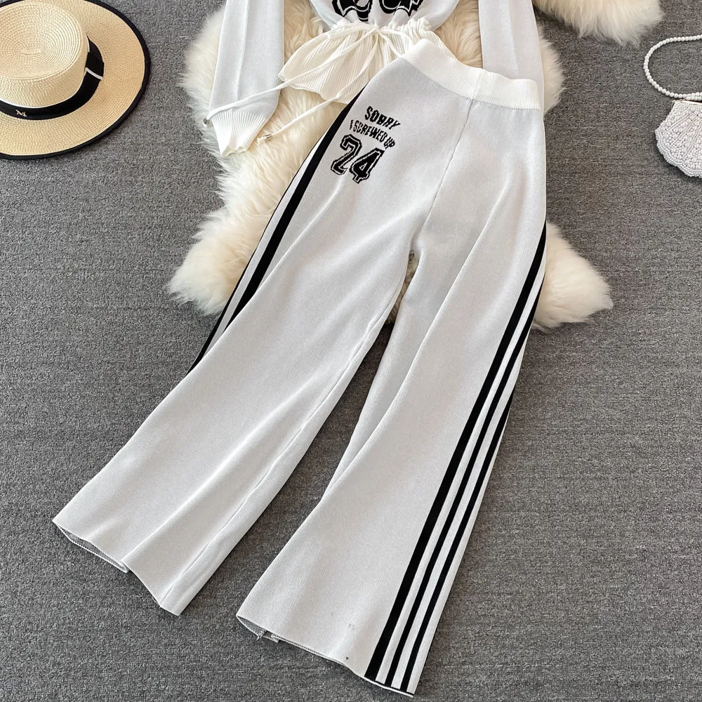 Letter Knit Top & High Waist Slacks Two-piece Set