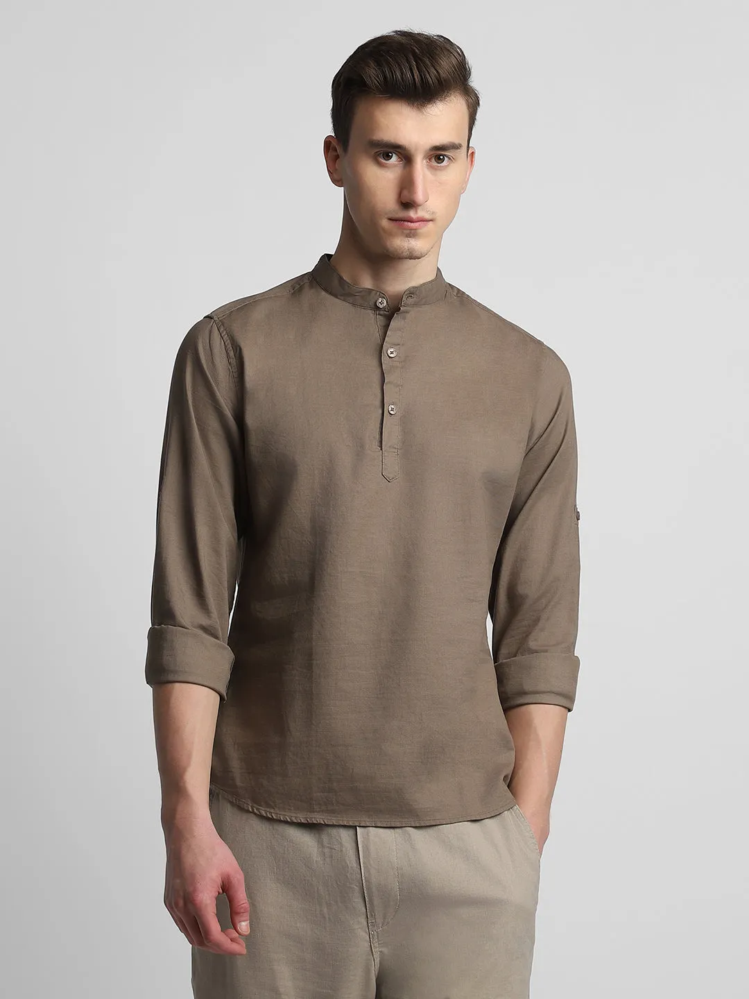 Men's Pop Over Mandarin Collar Slim Fit Solid Brown Casual Shirts