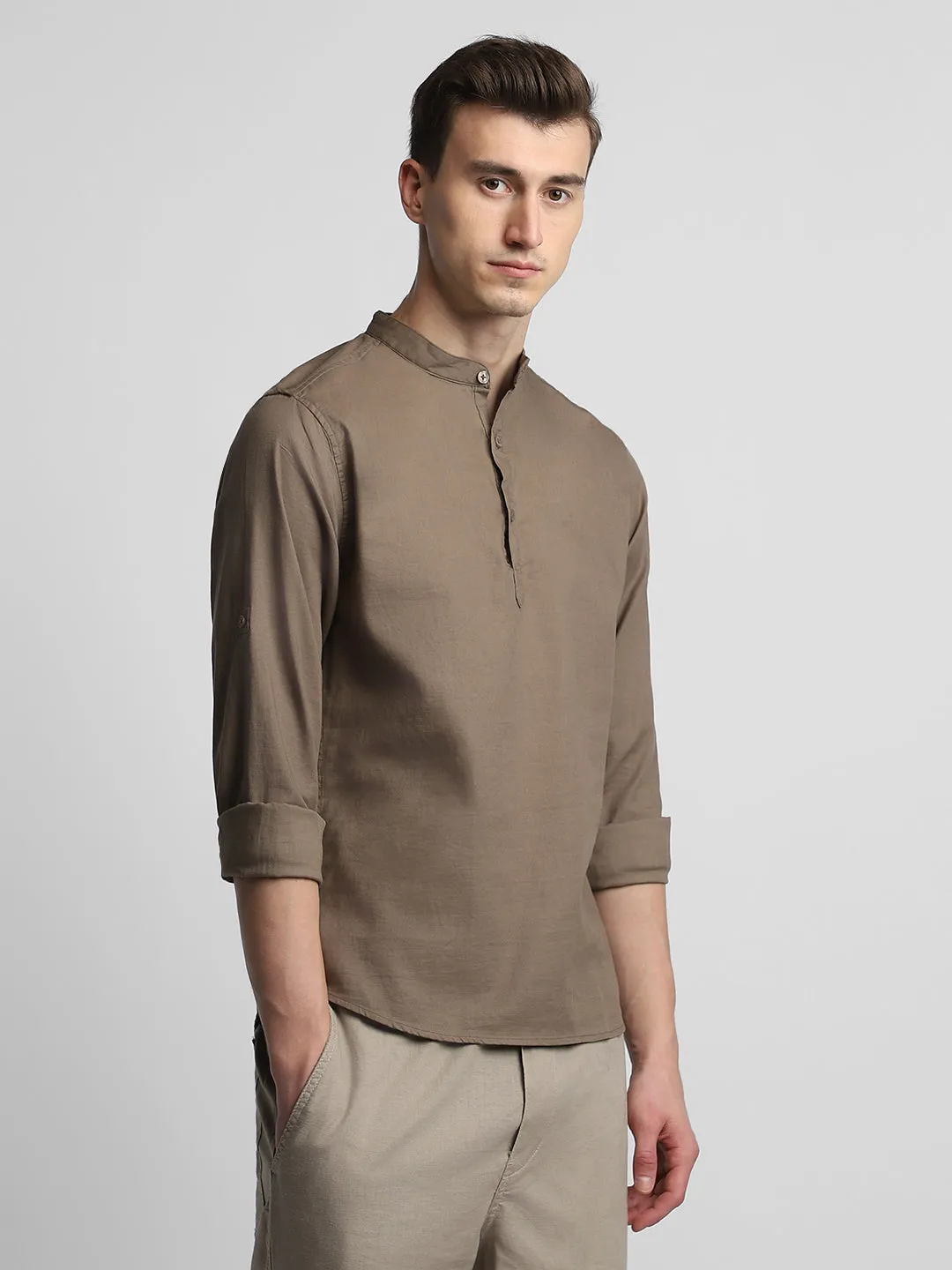 Men's Pop Over Mandarin Collar Slim Fit Solid Brown Casual Shirts