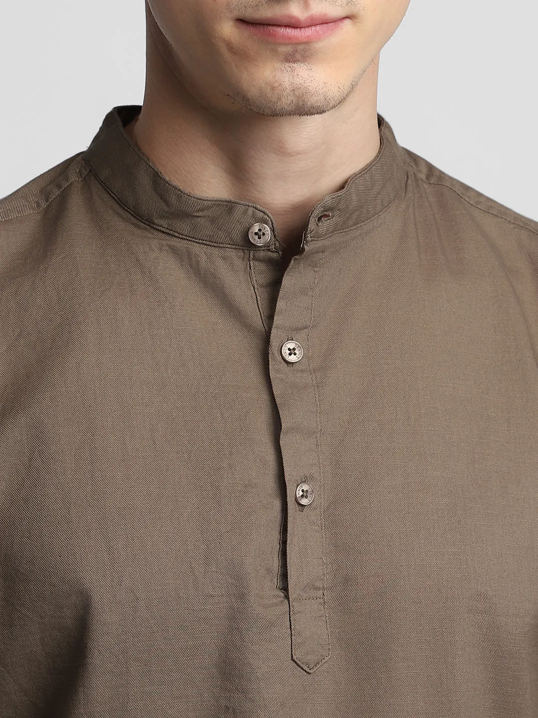 Men's Pop Over Mandarin Collar Slim Fit Solid Brown Casual Shirts