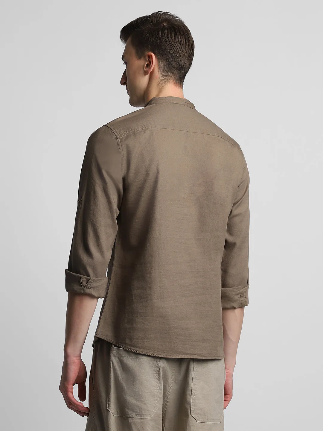 Men's Pop Over Mandarin Collar Slim Fit Solid Brown Casual Shirts