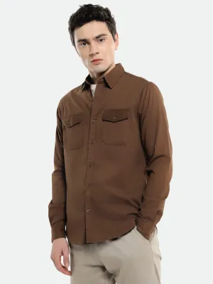 Men's Spread Collar Regular Fit Solid Brown Casual Shirt