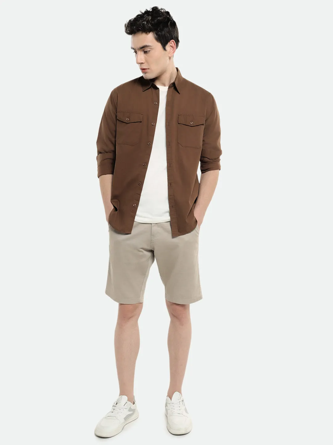 Men's Spread Collar Regular Fit Solid Brown Casual Shirt